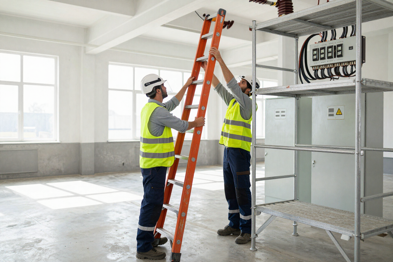 Dos obreros de la construcción ajustan una escalera en una habitación luminosa y sin terminar.