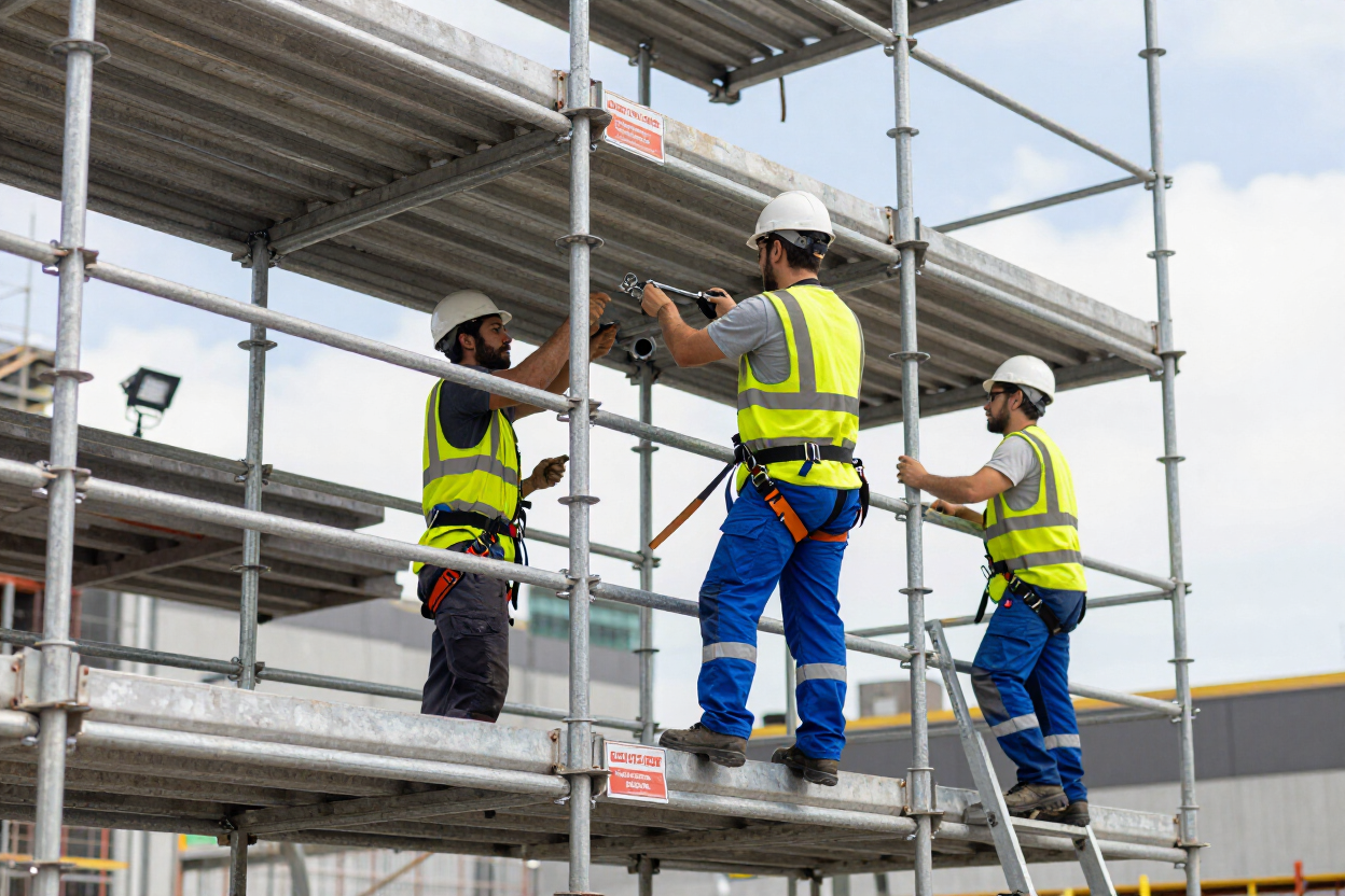 Obreros de la construcción con cascos y chalecos de seguridad montan andamios metálicos en una obra.