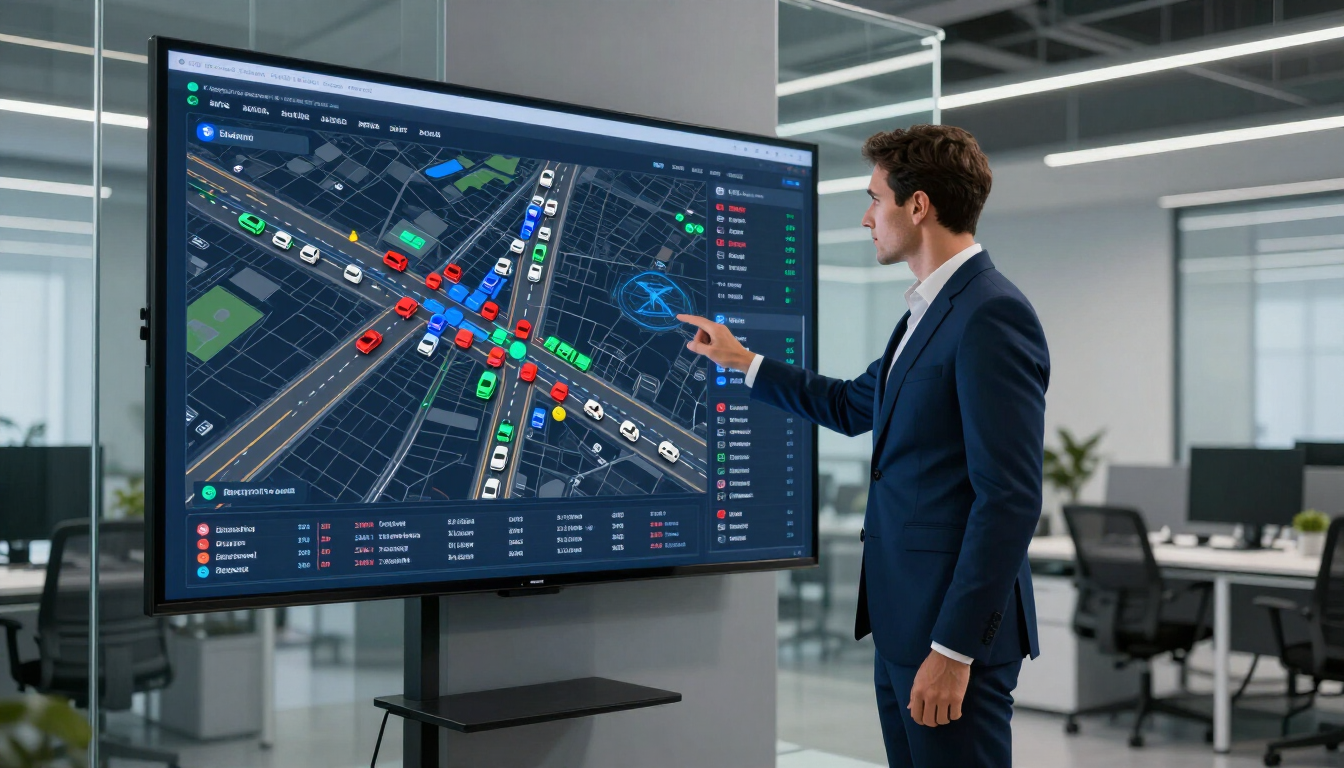 Un hombre señala un gran panel de control digital de tráfico con datos coloridos de rutas y vehículos en una oficina.