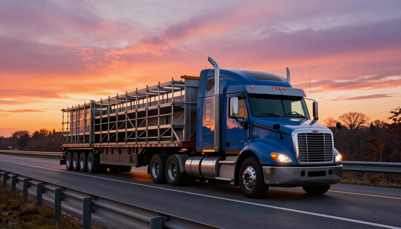 Un camión semirremolque azul transportando un remolque de ganado en una carretera al atardecer con cielo rosa anaranjado.