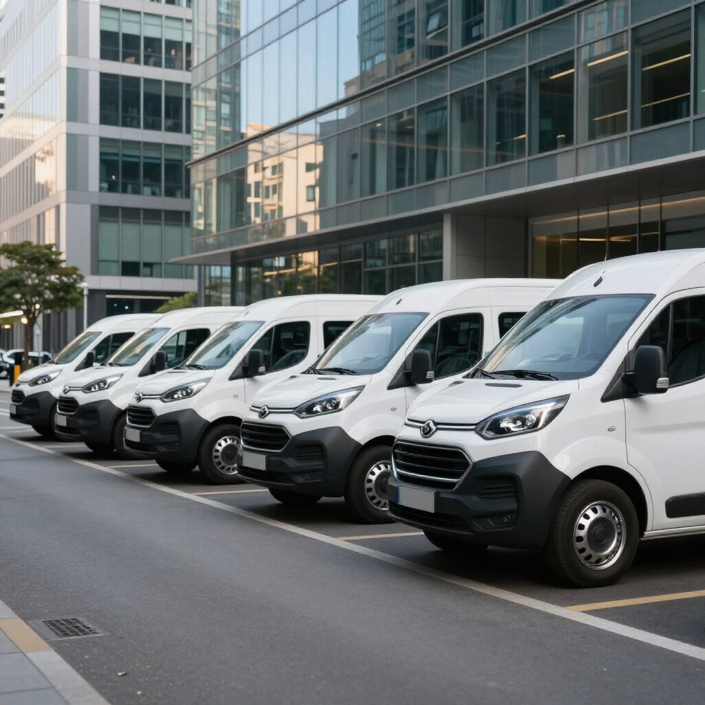 Fila de furgonetas de reparto blancas aparcadas junto a modernos edificios de oficinas en una calle de la ciudad.