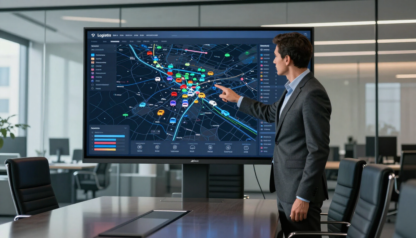 Un hombre de traje señala una gran pantalla digital con un mapa en una moderna sala de conferencias.