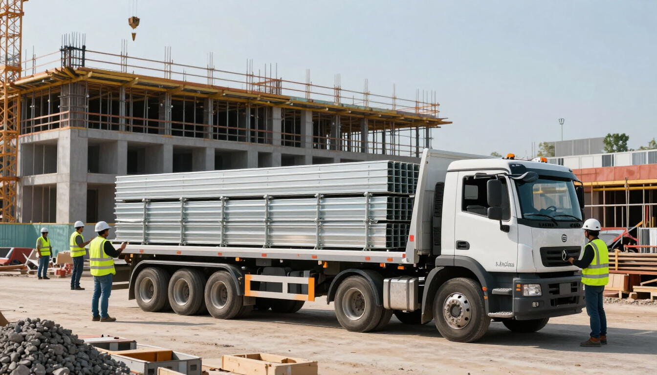 Obra en construcción con un camión de plataforma que transporta materiales y trabajadores con chalecos de seguridad cerca