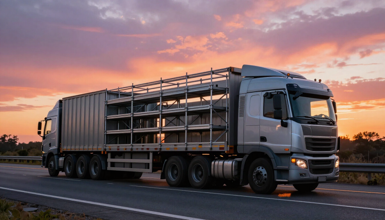Un gran camión plateado de transporte de ganado circulando por una autopista al atardecer.