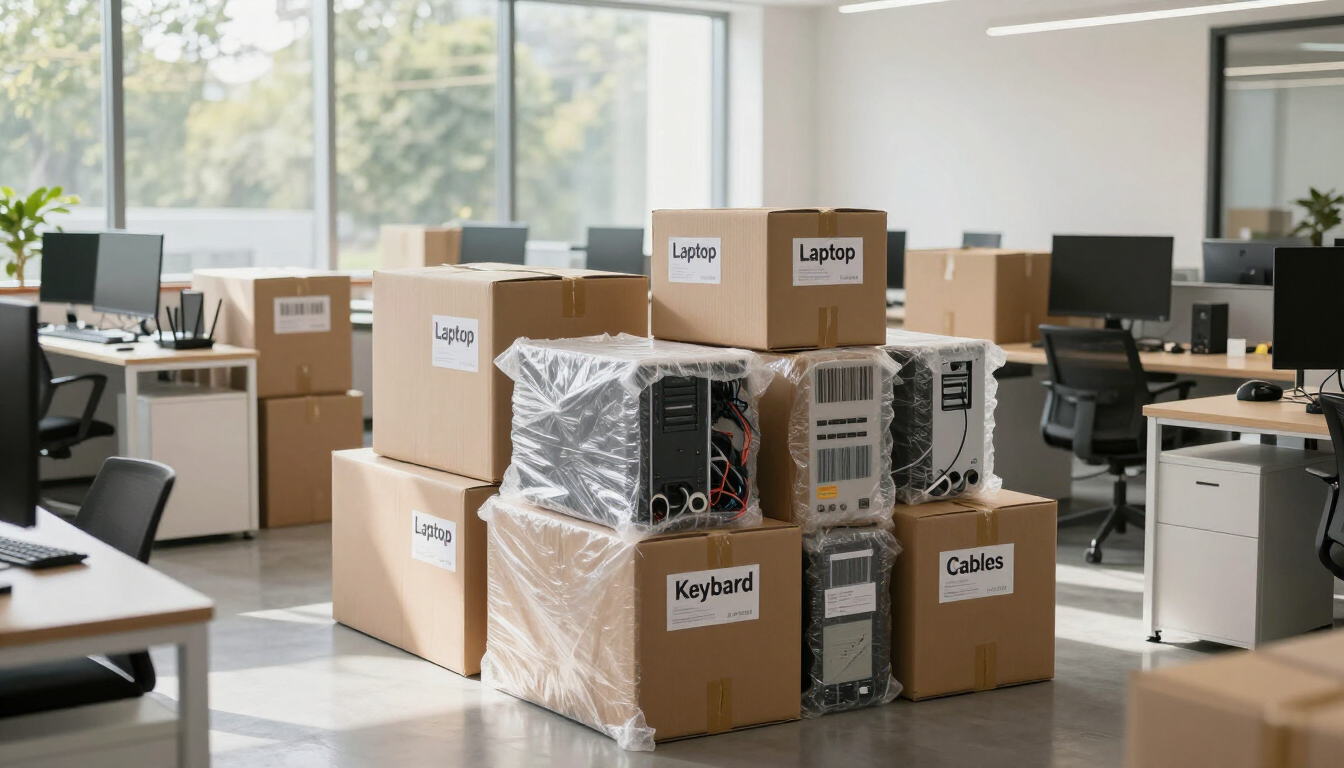 Oficina con cajas de cartón apiladas y aparatos electrónicos envueltos entre escritorios y monitores.