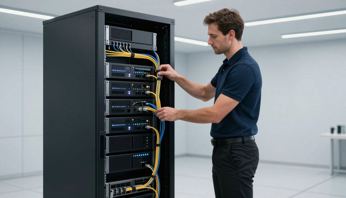 Técnico ajustando cables en un rack de servidores en un centro de datos moderno.