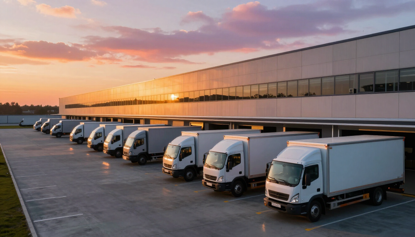 Fila de camiones de reparto blancos estacionados junto a un almacén al atardecer bajo un cielo rosa anaranjado.
