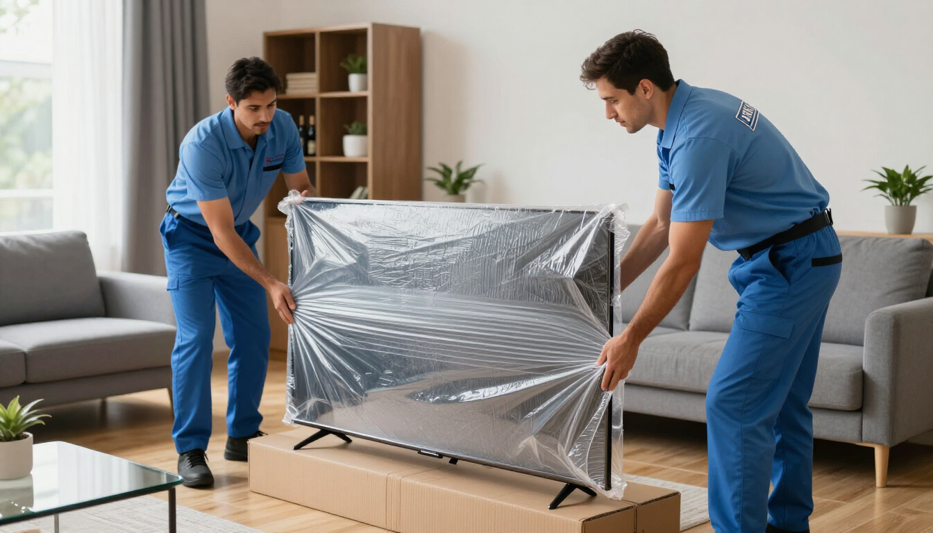 Dos operarios de mudanzas con uniformes azules desempaquetando un televisor de pantalla plana envuelto en una sala de estar.