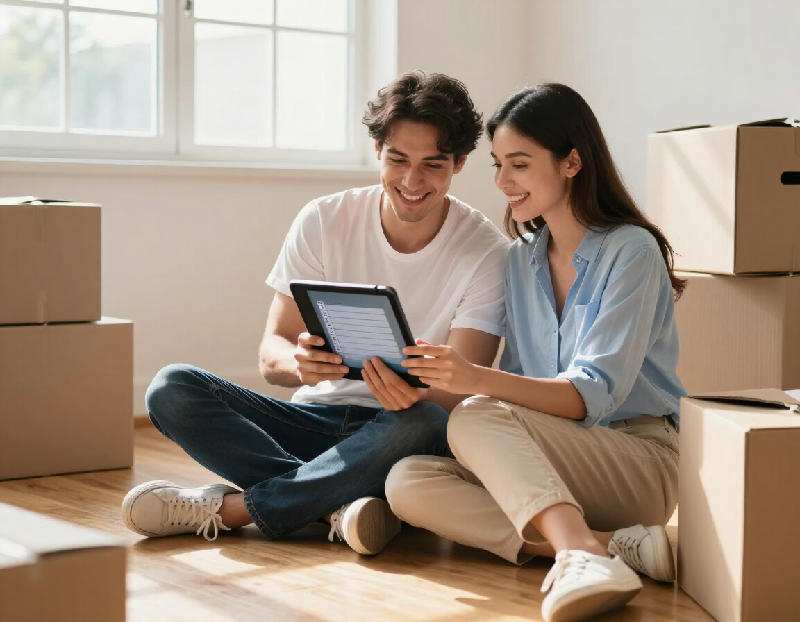 Una pareja sentada en el suelo entre cajas de mudanza, sonriendo a una tableta en una habitación iluminada por el sol.