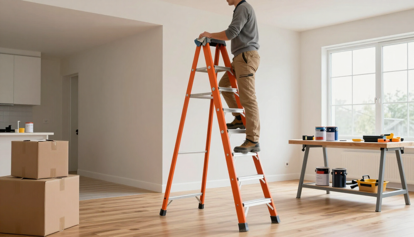 Una persona en una escalera naranja pinta una habitación luminosa con cajas, una mesa y una ventana cerca.