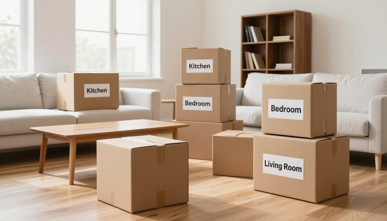 Cajas de mudanza embaladas y etiquetadas para cocina, baño, dormitorio y sala de estar en un luminoso interior de una casa.