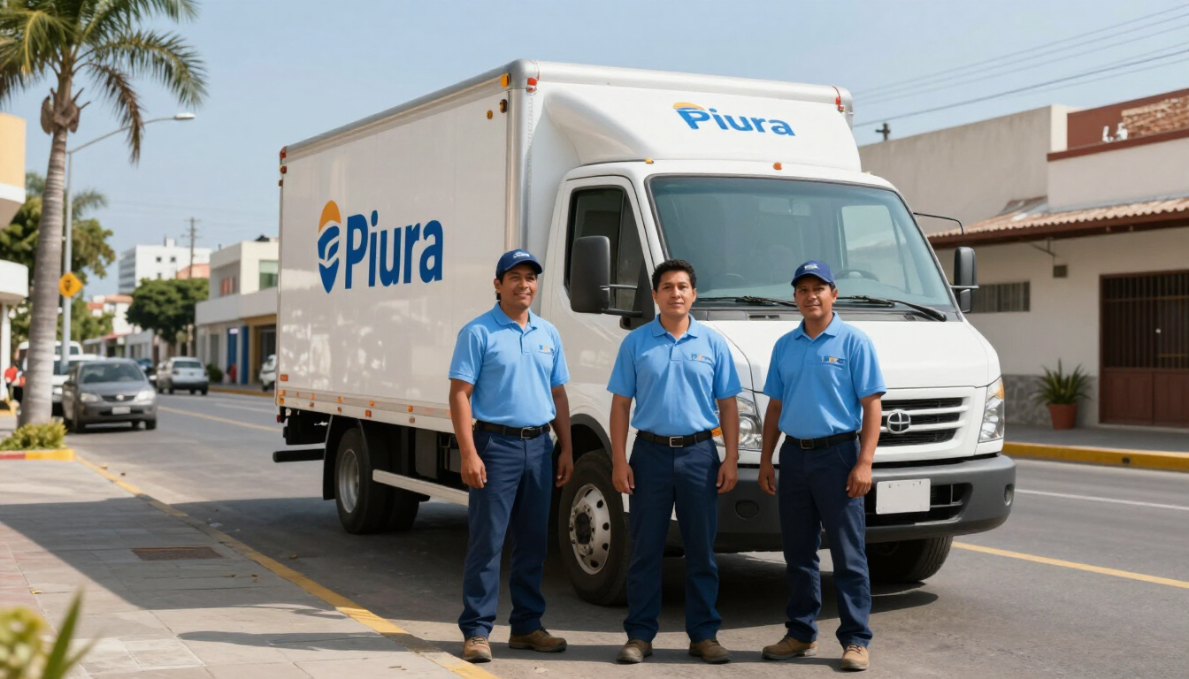 Tres trabajadores con uniformes azules están de pie frente a una furgoneta de reparto blanca de Pura en una calle.