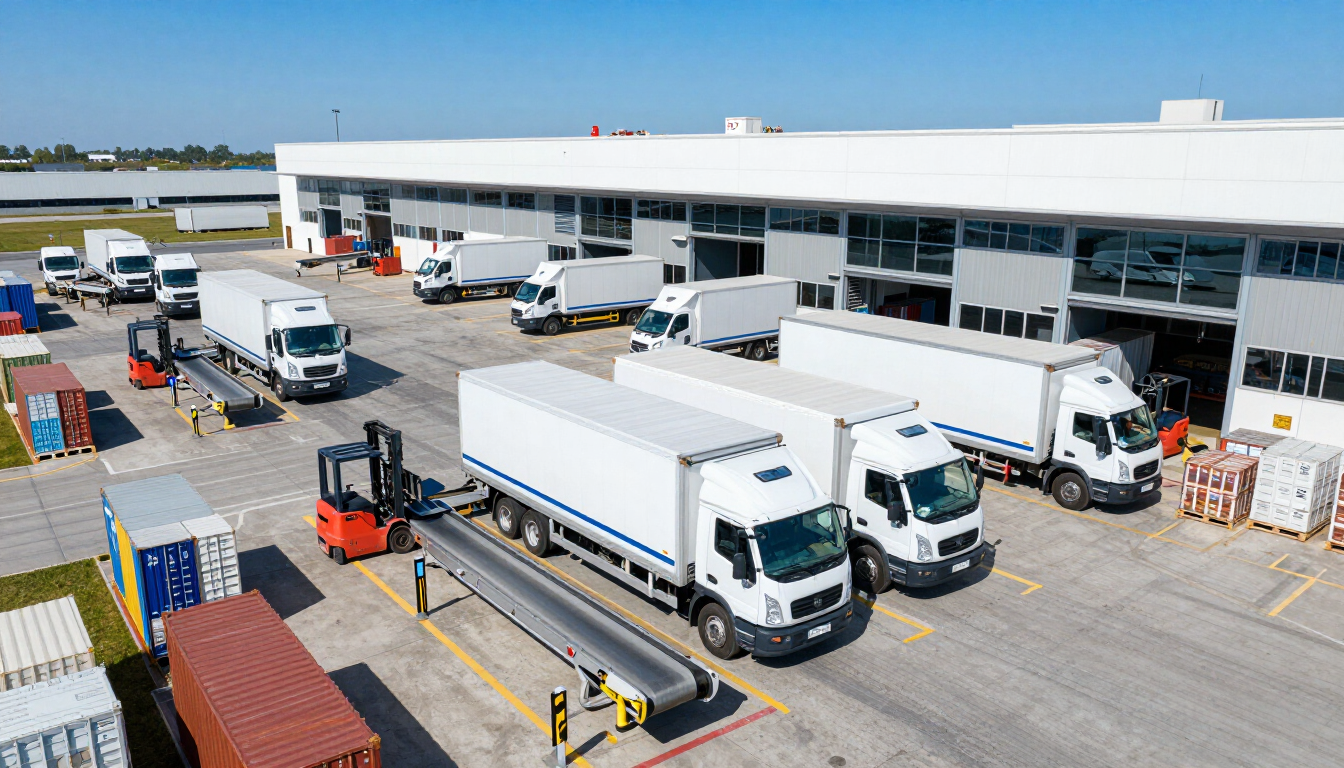 Patio de almacén logístico con varios camiones de reparto blancos alineados en los muelles de carga.