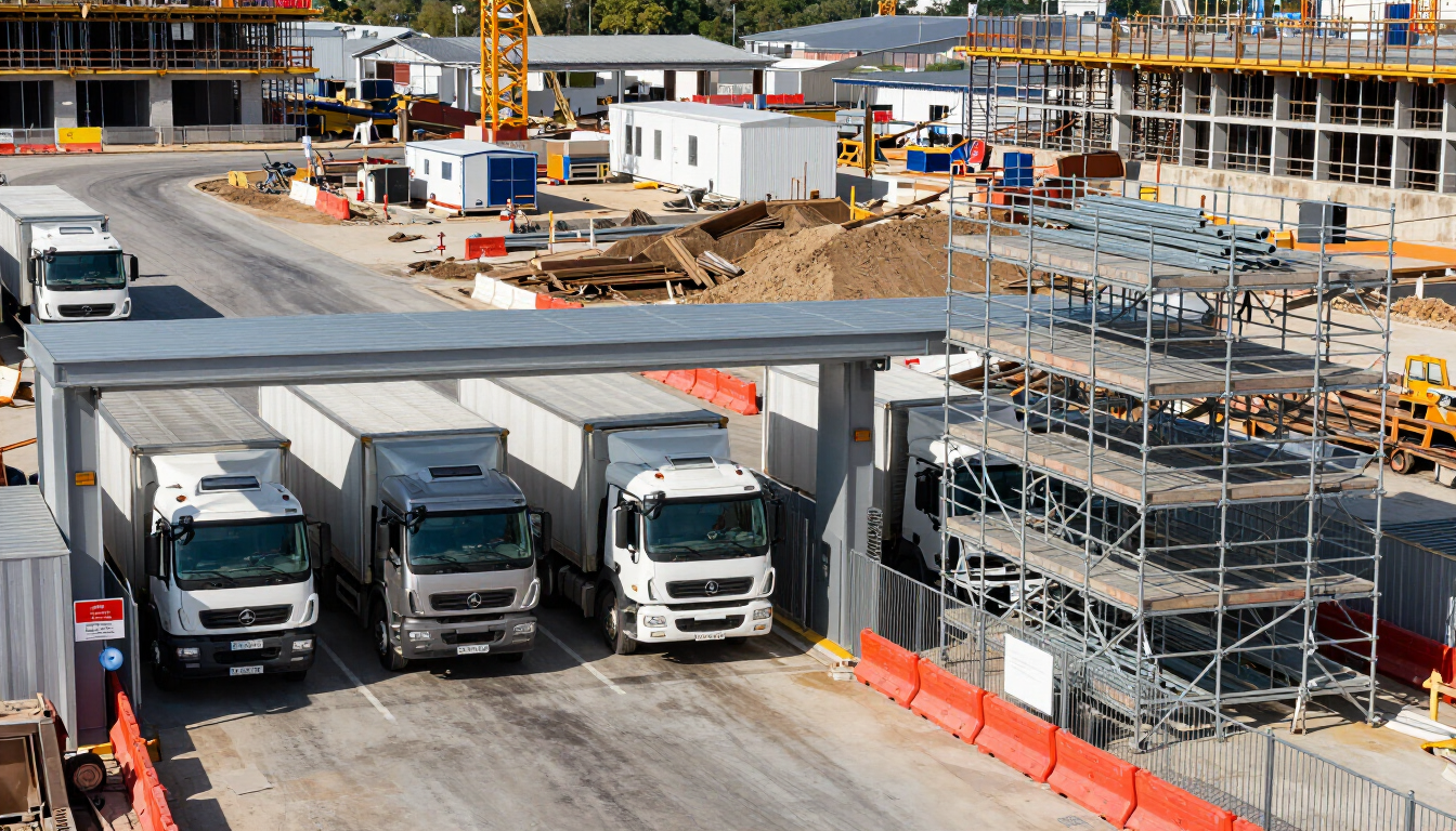 Obra en construcción con tres camiones estacionados bajo un muelle de carga de hormigón junto a andamios y equipos.