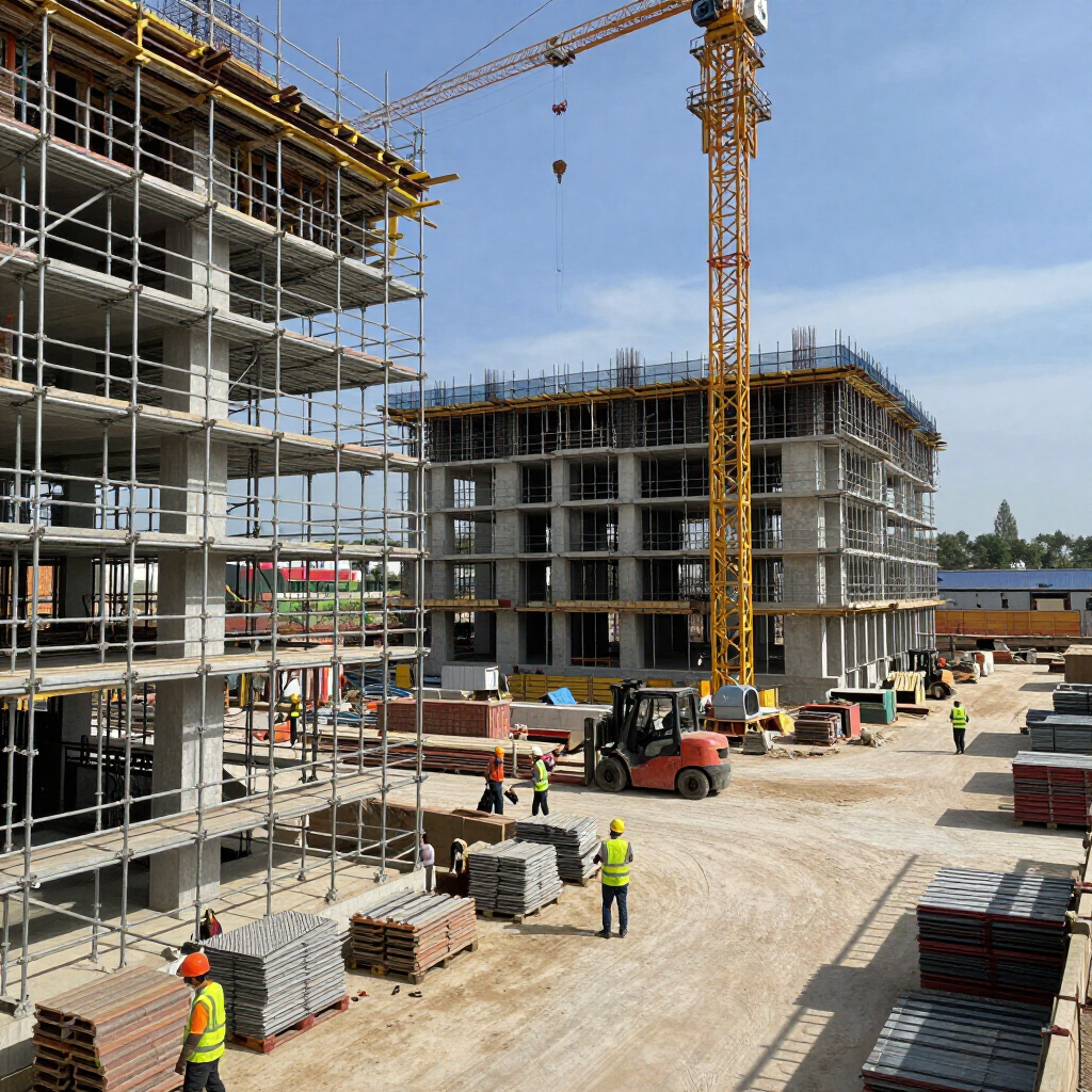 Obra en construcción con dos grúas, andamios, trabajadores y edificios de hormigón parcialmente construidos.