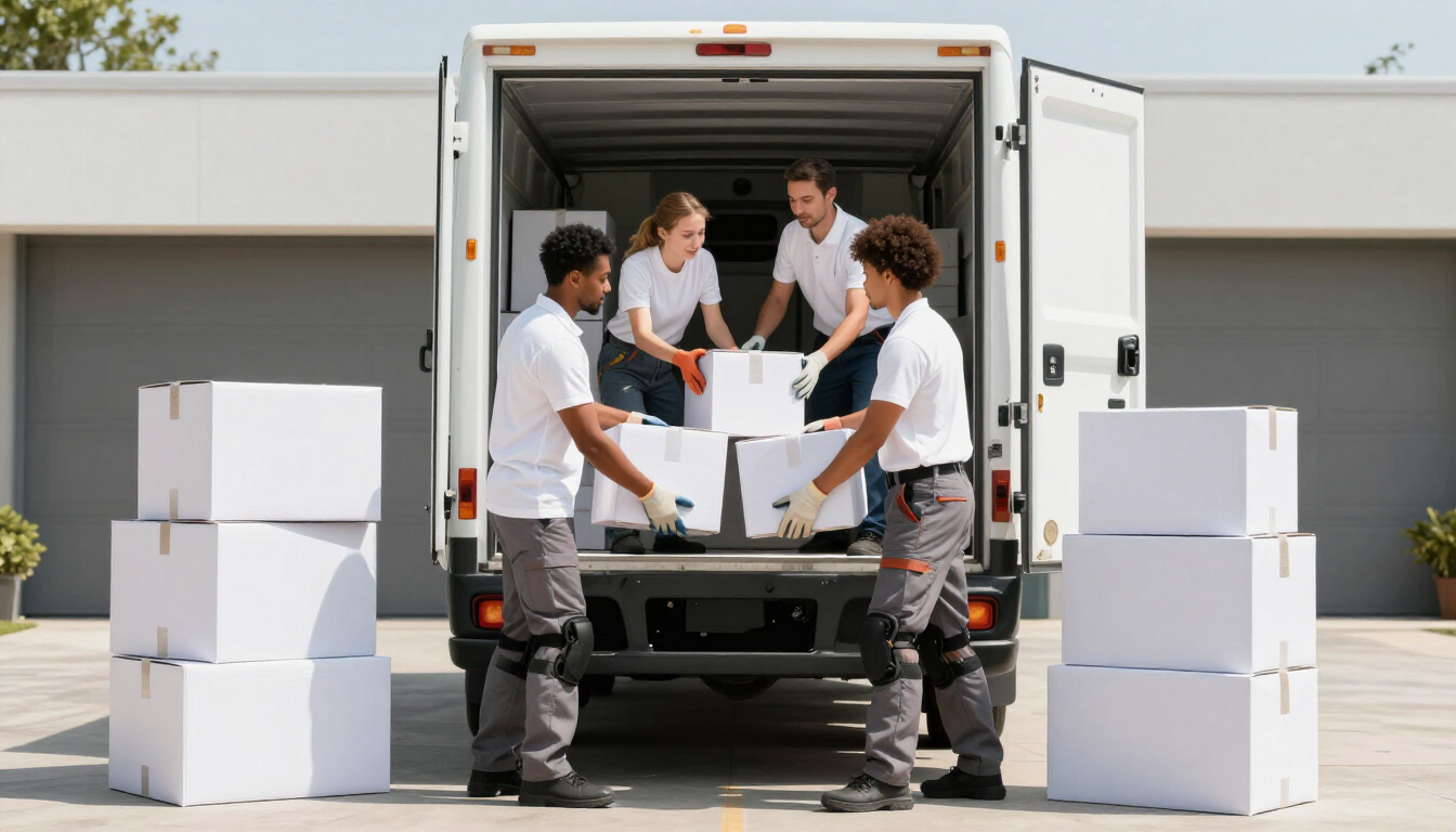 Trabajadores cargando cajas en un camión de reparto con las puertas traseras abiertas en el patio de un almacén.