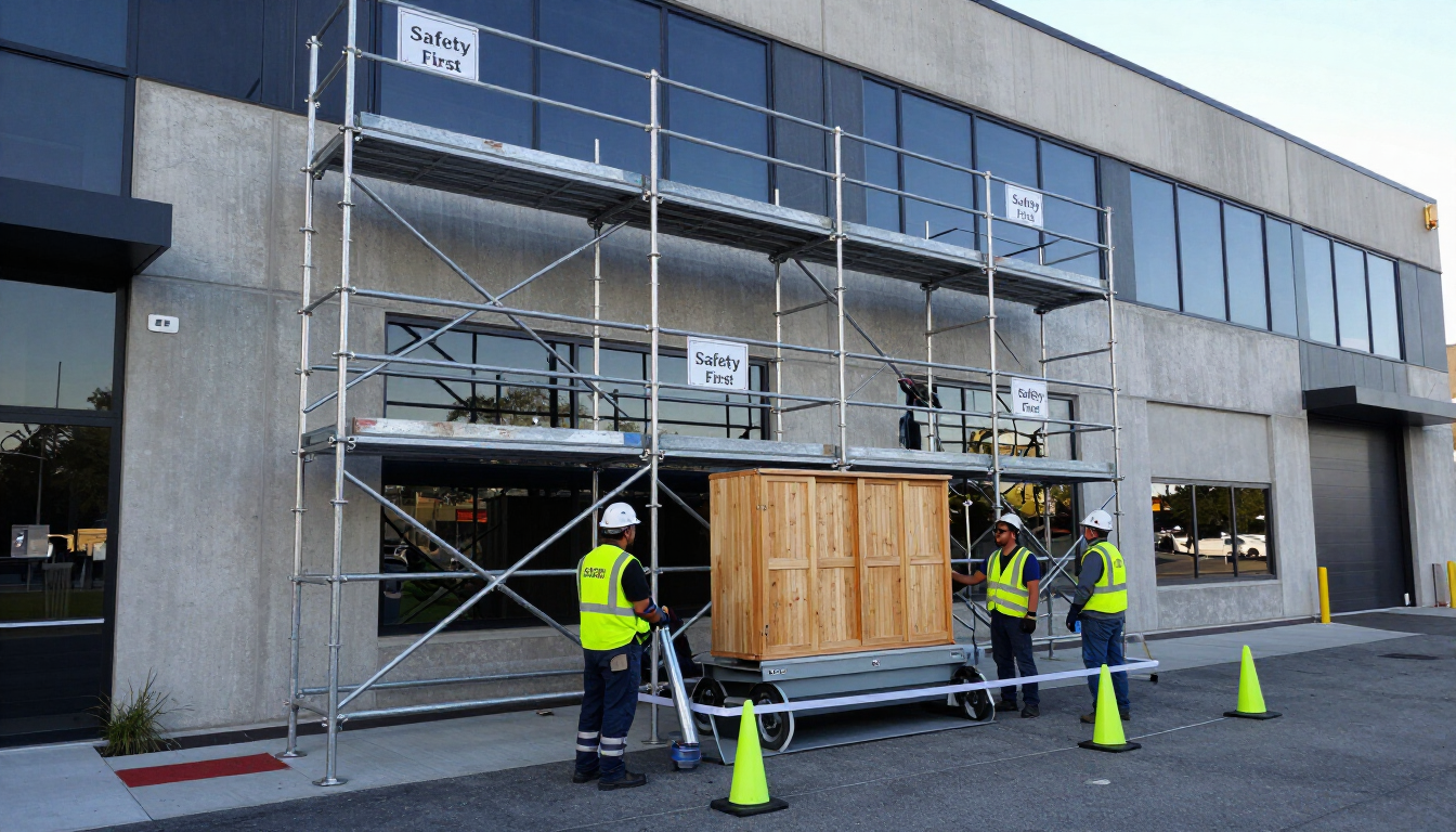 Unos trabajadores con chalecos de seguridad mueven una caja de madera hacia el exterior de un edificio con andamios y conos.
