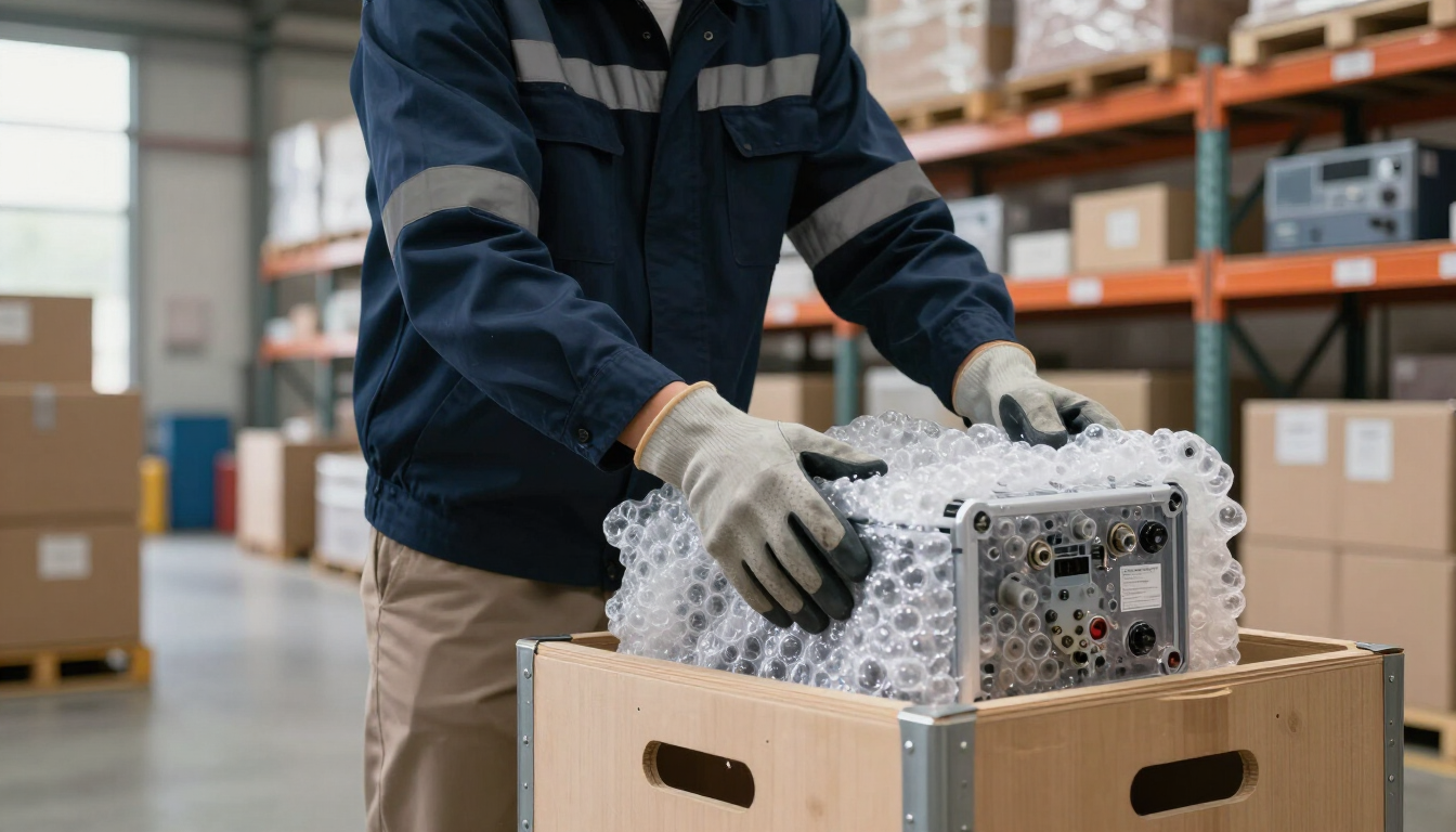 Un trabajador con uniforme azul manipula una máquina envuelta en plástico de burbujas sobre una caja en un almacén.