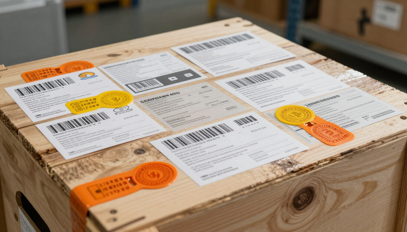 Caja de madera para envíos cubierta con múltiples etiquetas de envío blancas y naranjas en la parte superior.