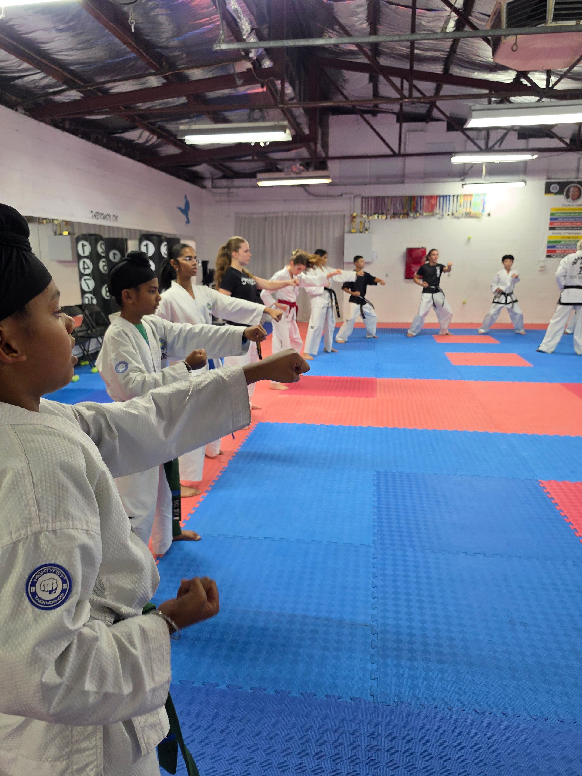 Martial arts class practicing punches on blue and red mats in a gymnasium