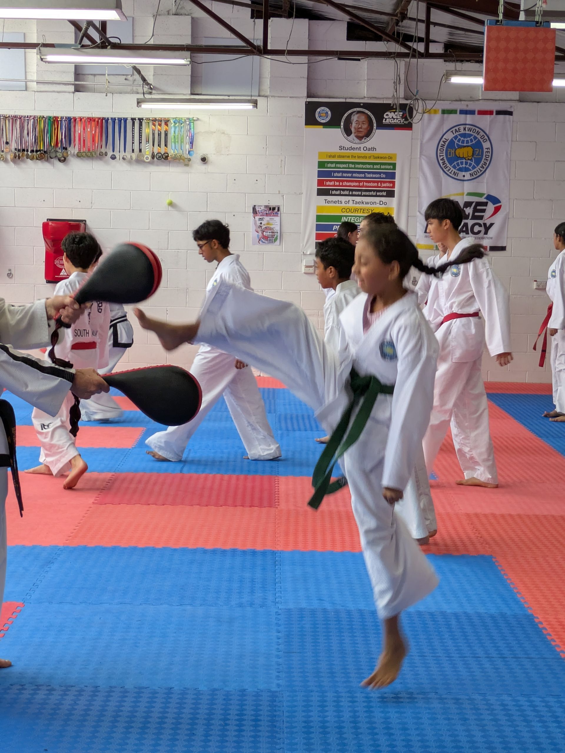 Martial arts class practicing kicks on blue and red mats in a training gym