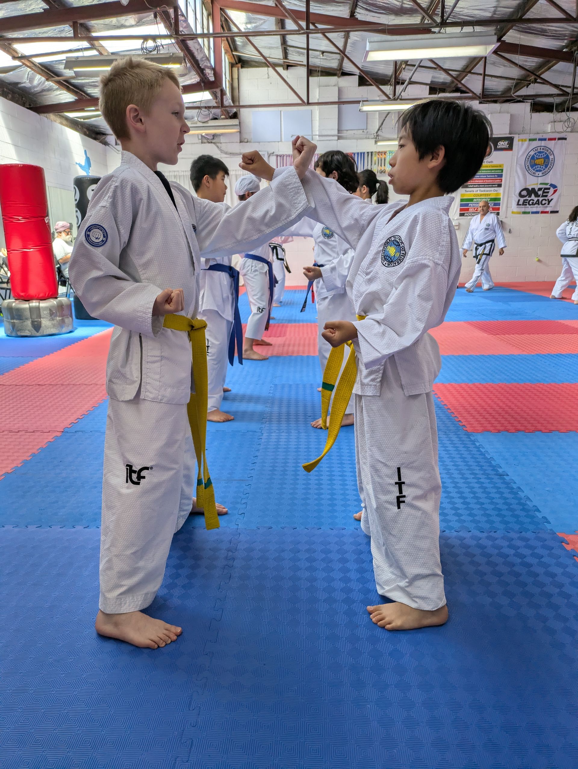 Two children in white martial arts uniforms practicing a hand drill on red and blue mats.