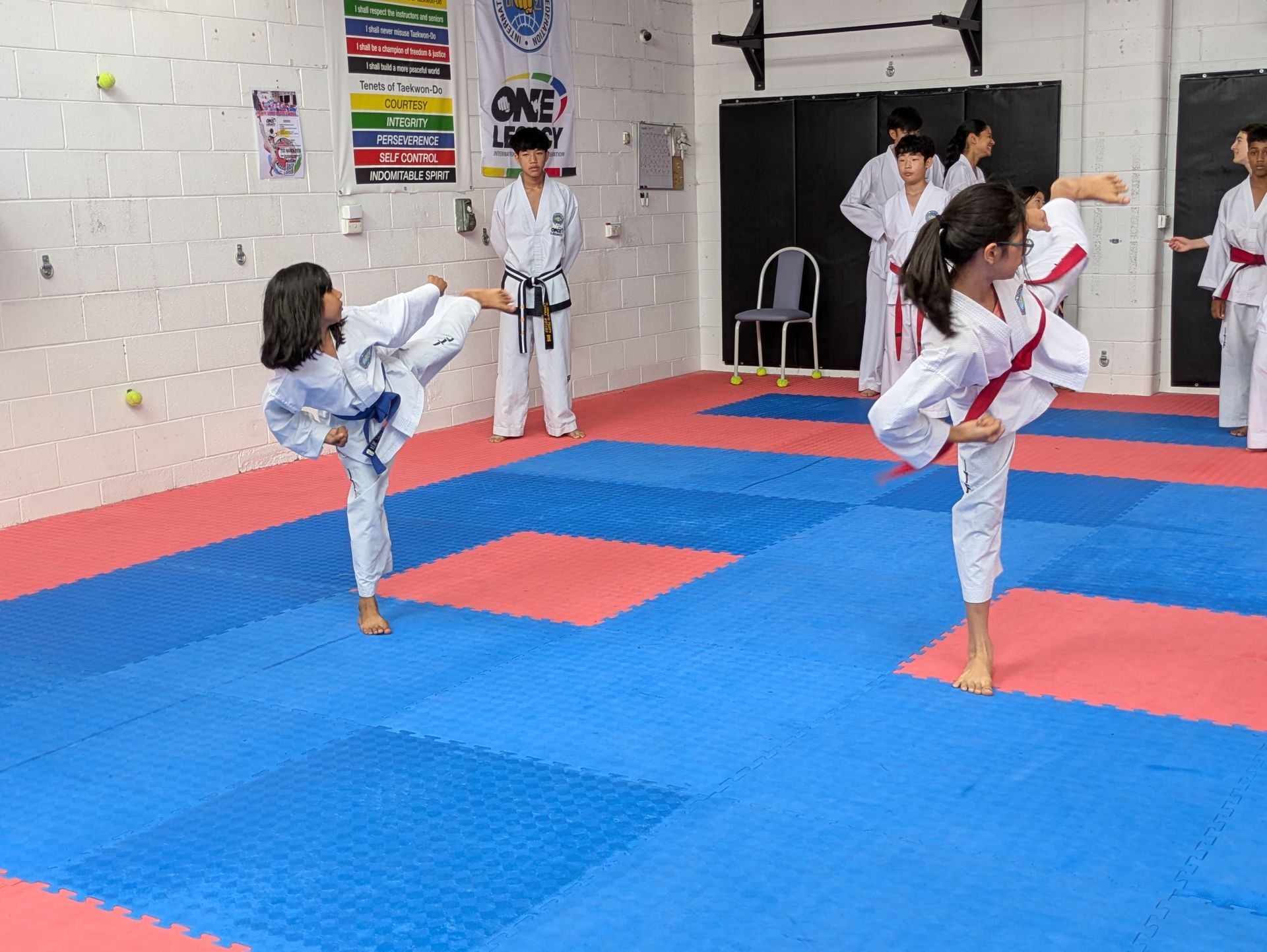 Children practicing karate kicks on blue and red mats in a dojo
