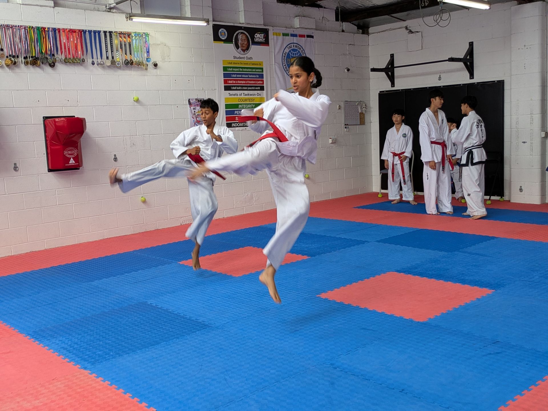 Martial arts class practicing high kicks on red and blue mats in a dojo
