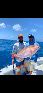 Two anglers on a boat holding a large pink fish on a bright blue ocean day