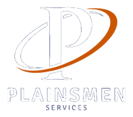 Logo for Plainsmen Services featuring an orange swoosh surrounding a large, stylized letter P.