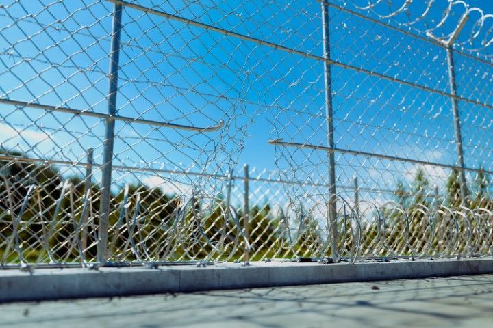 Chain-link fence with barbed wire against a bright blue sky, trees in the background.