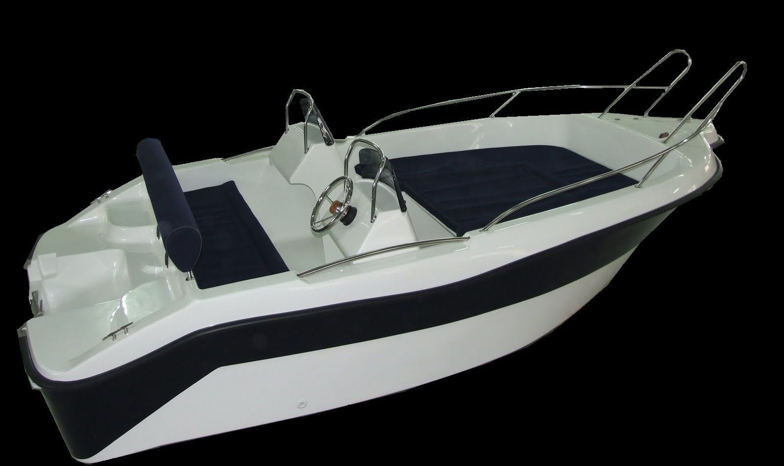 Een wit-blauwe boot met een zwarte achtergrond
