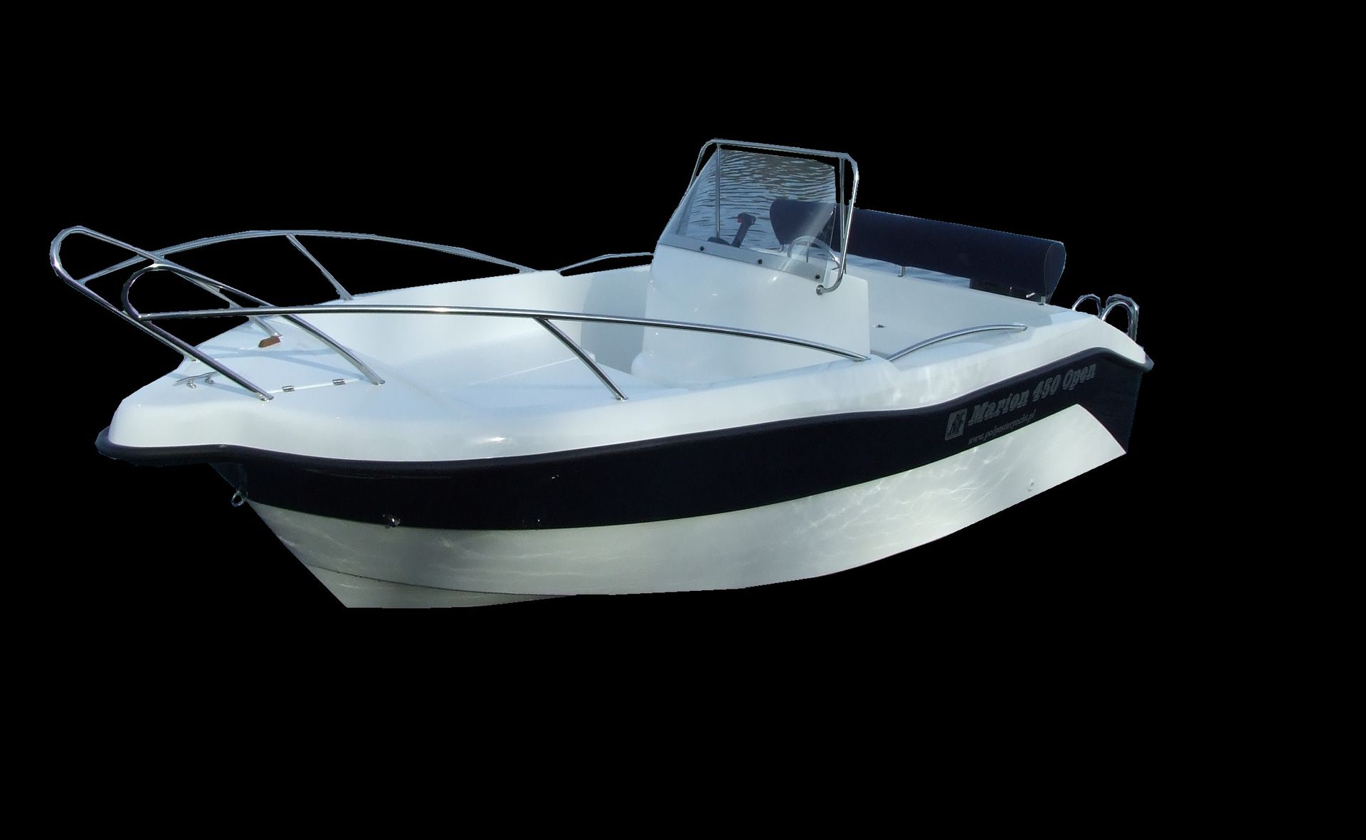 Een kleine witte en zwarte boot met een zwarte achtergrond