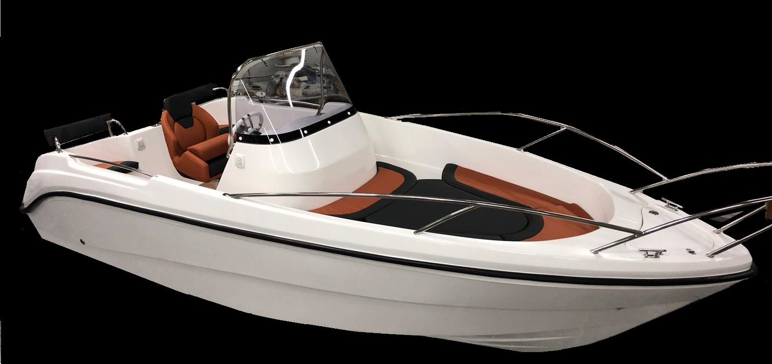 Een witte boot met bruine stoelen en een windscherm op een zwarte achtergrond.