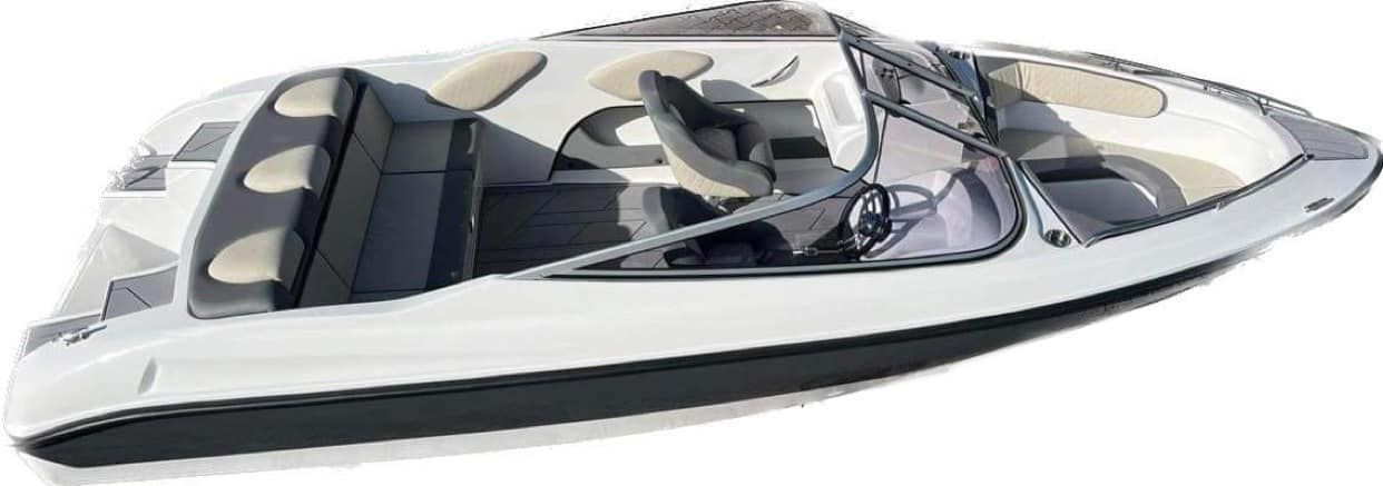 Een wit-zwarte boot met een stuurwiel op een witte achtergrond.