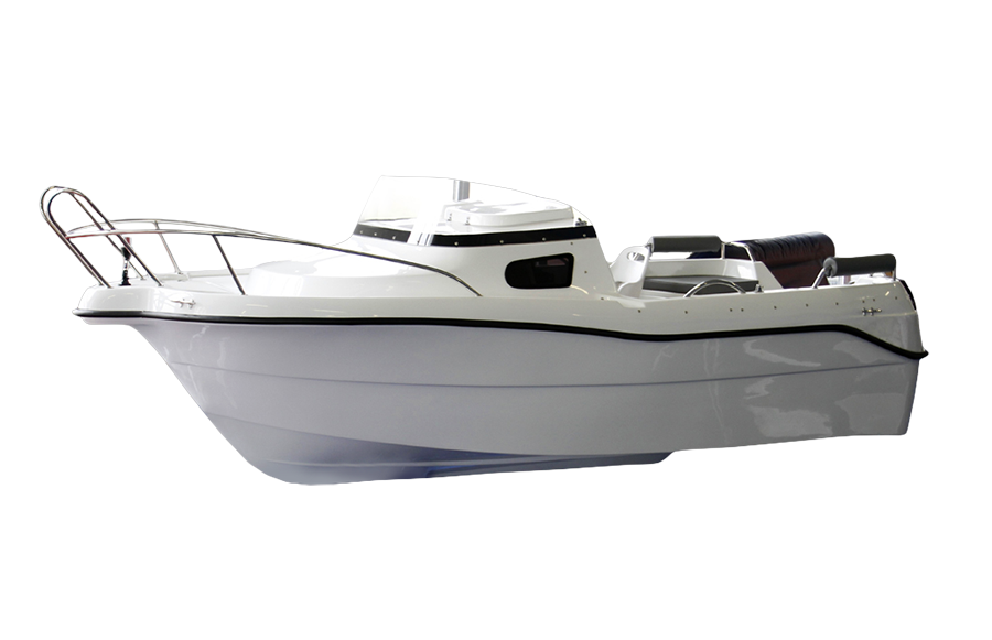 Een kleine witte boot met een motor op een witte achtergrond.