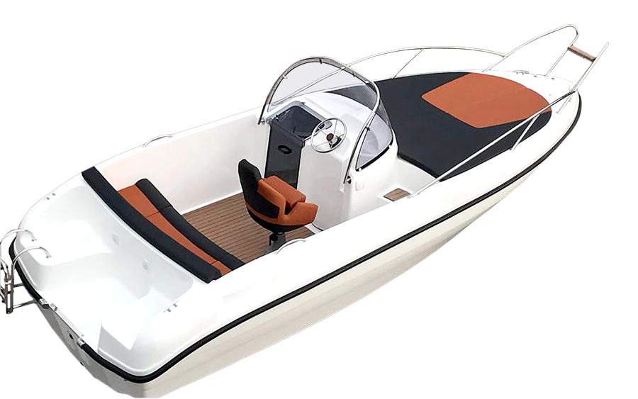 Een witte boot met een zwart-oranje stoel op een witte achtergrond.