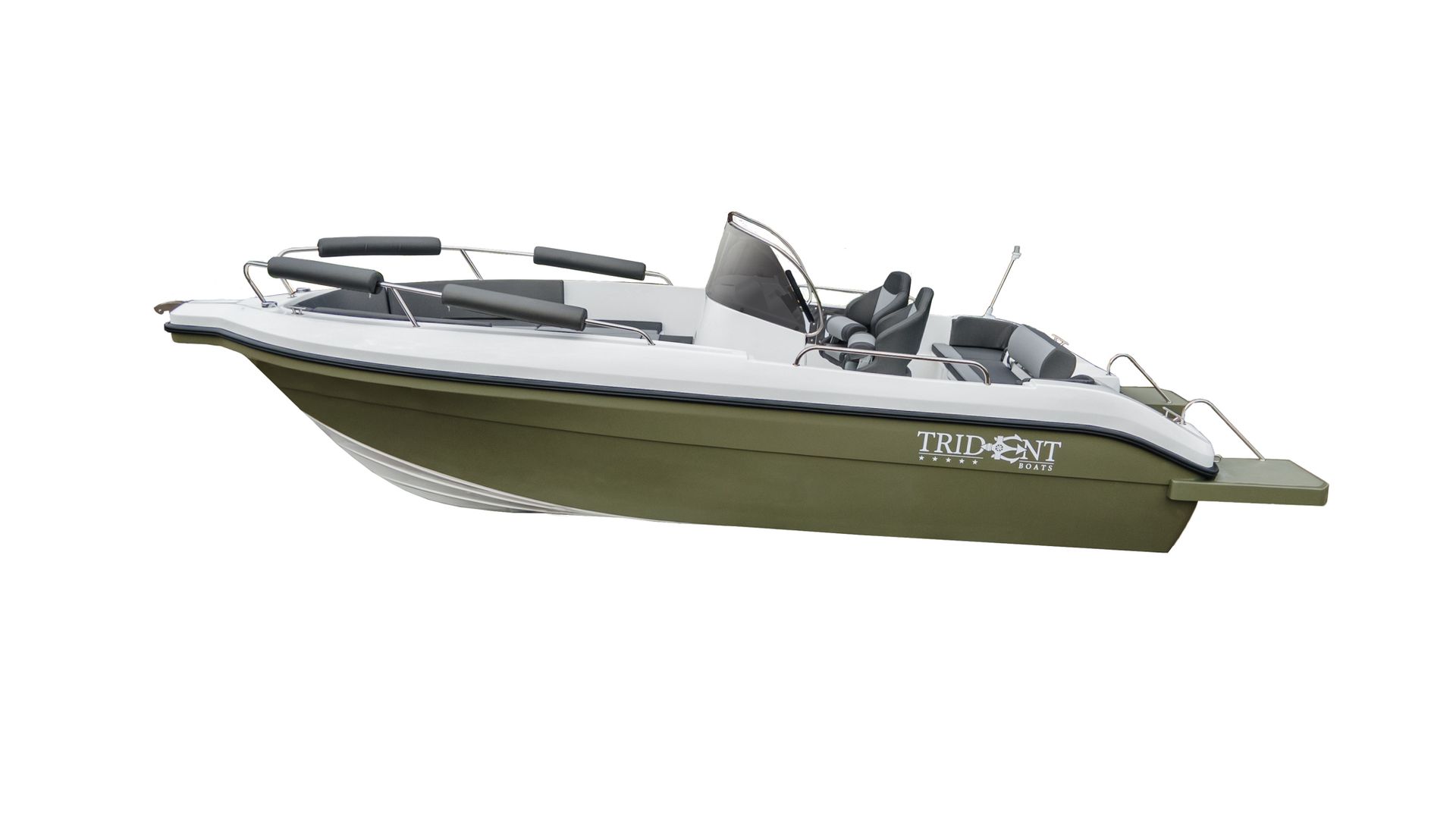 Een groen-witte boot drijft op een wit oppervlak.