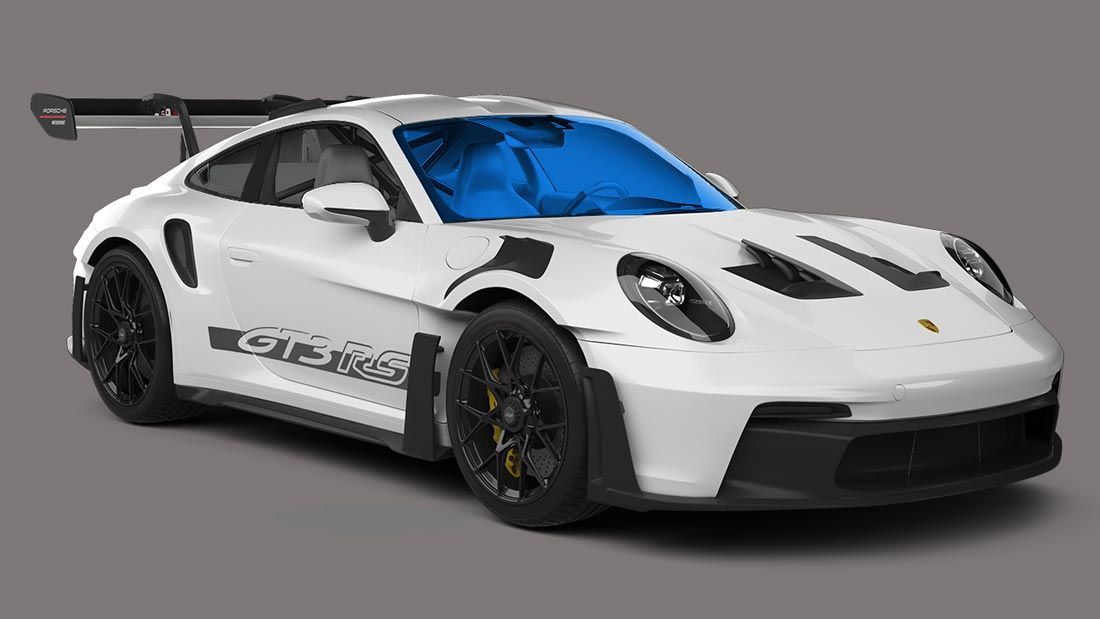 A white porsche 911 gt3 rs with a blue windshield on a gray background.