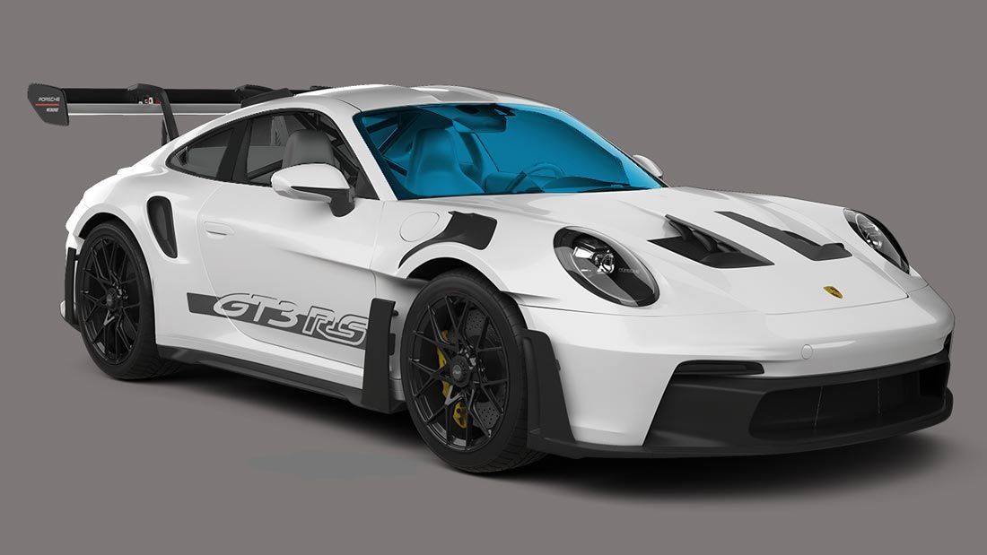 A white porsche 911 gt3 rs with a blue windshield on a gray background.