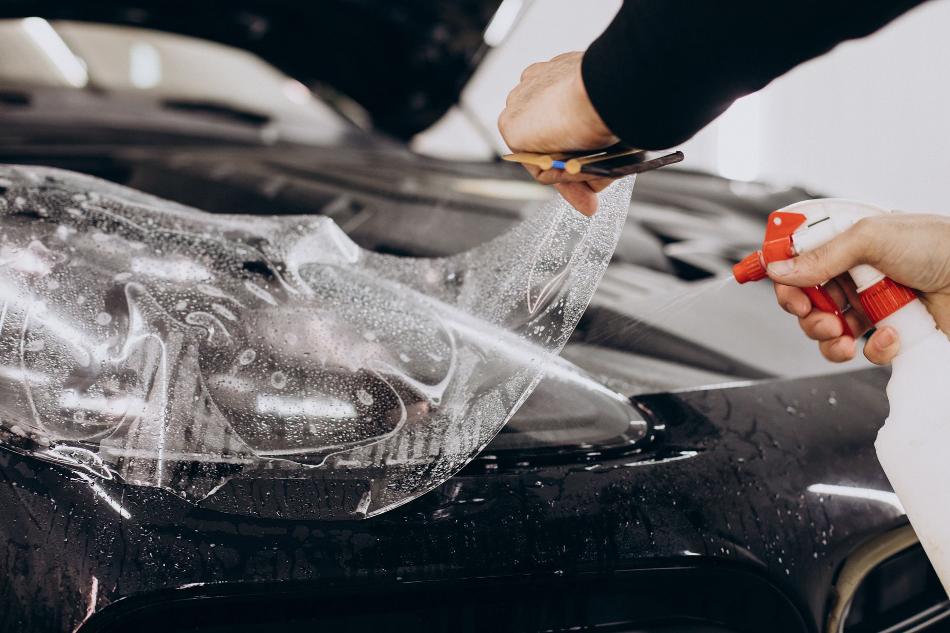 A man is working on a car in a garage.