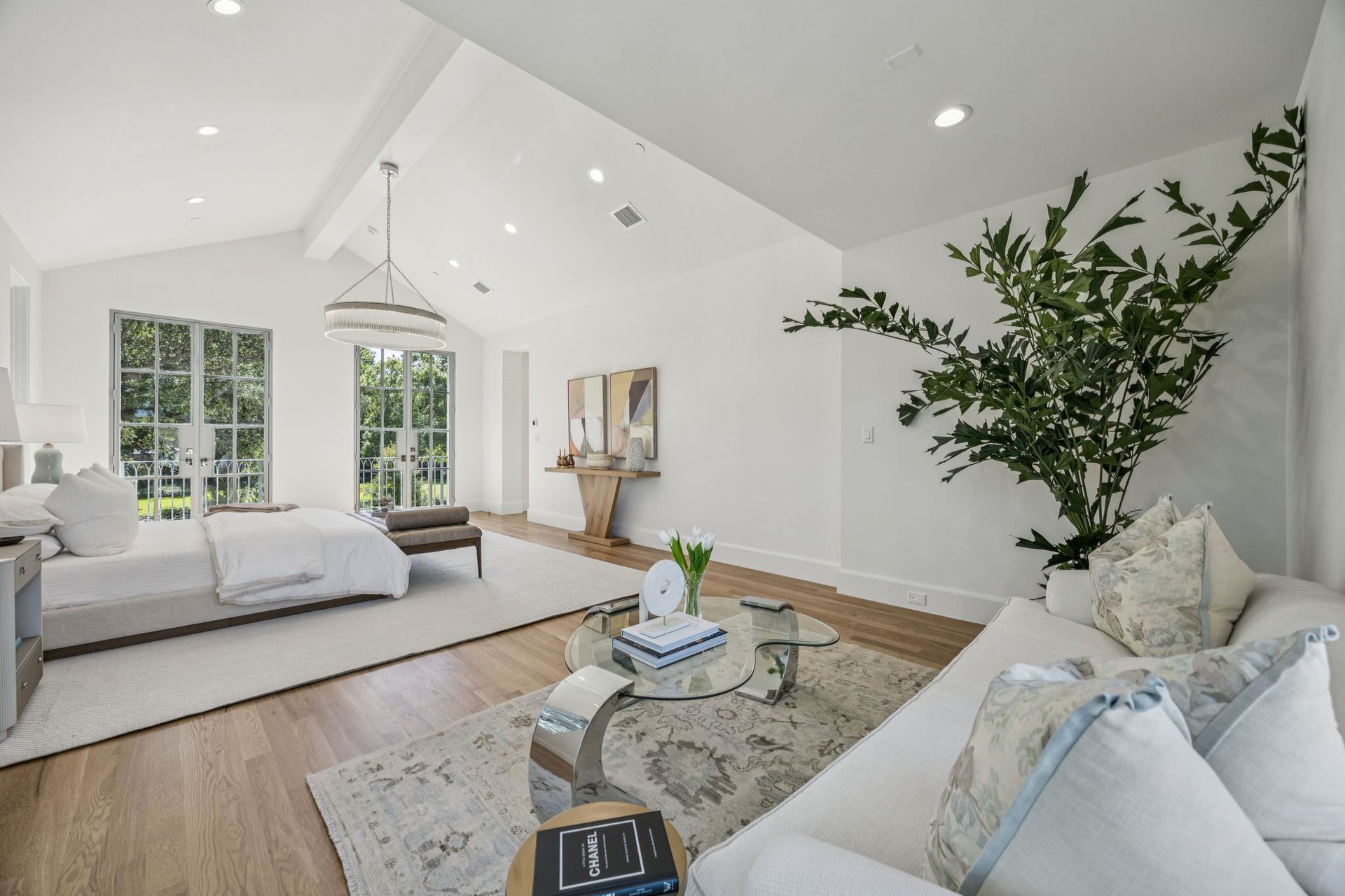 Bright, airy living room with bed, sofa, large windows, and a potted plant against a white wall.