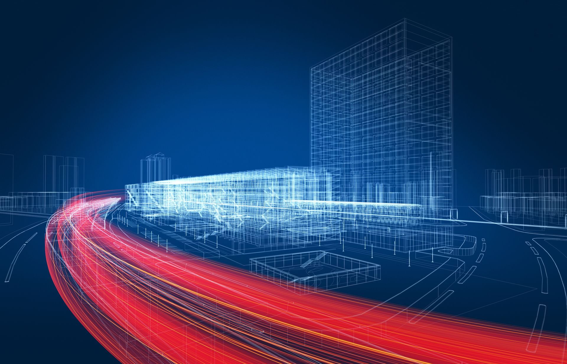 Wireframe di un paesaggio urbano con scie luminose rosse su sfondo blu scuro.