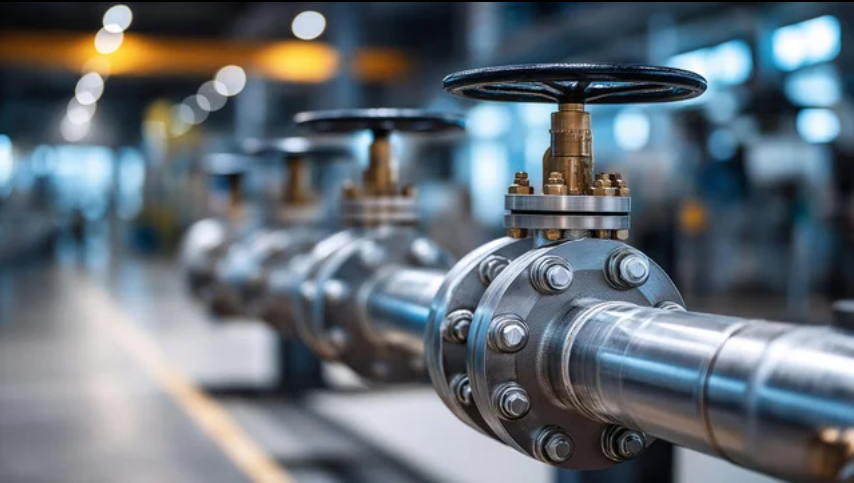Tubazione industriale con valvole e flange metalliche in uno scenario di fabbrica sfocato.