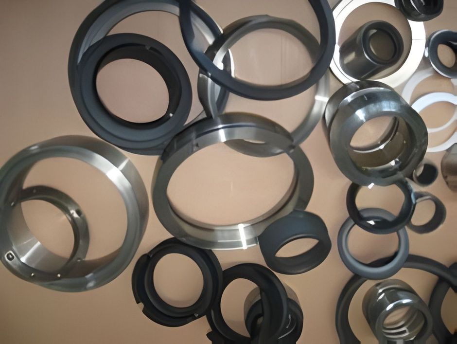Anelli e guarnizioni assortiti in metallo e gomma nera sparsi su una superficie beige