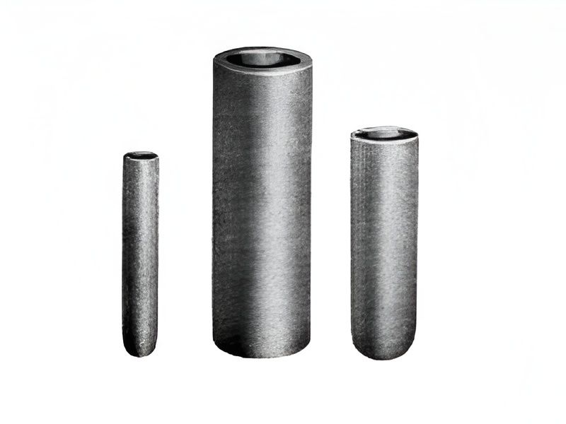 Tre tubi cilindrici metallici di diverse altezze su sfondo bianco