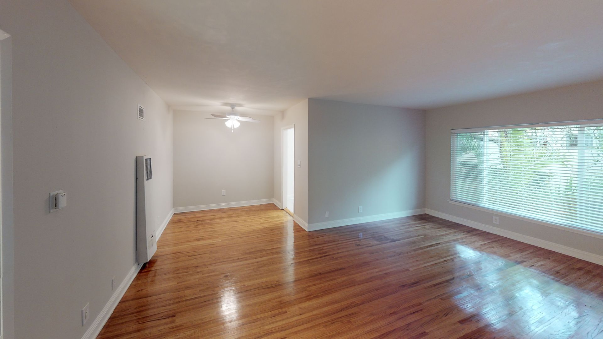 Empty living room with wood floors, large window, and light gray walls.