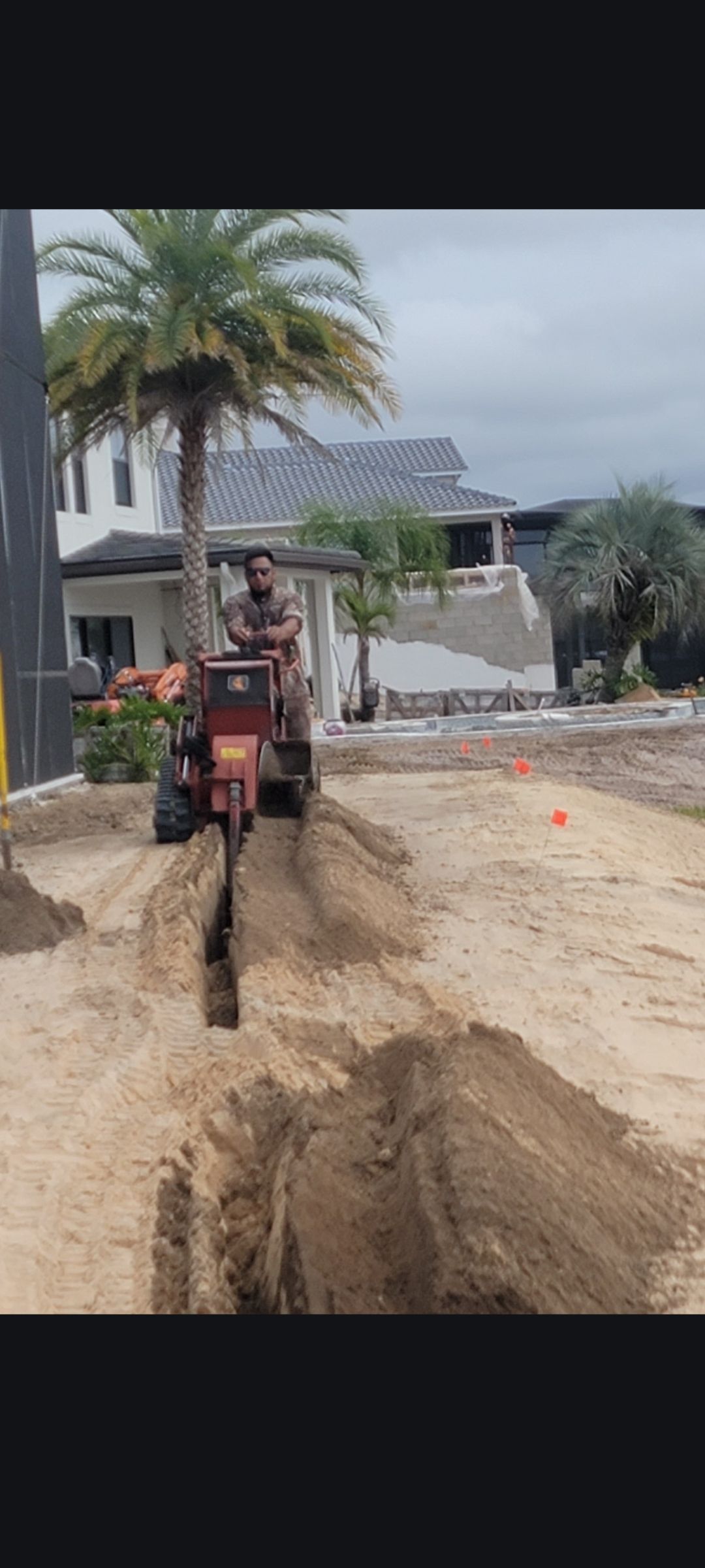 Excavator digging a trench beside a palm tree and house on a sandy construction site.