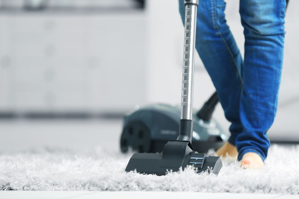 A person is using a vacuum cleaner to clean a carpet.