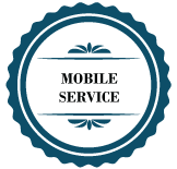 A blue and white circle with the words `` mobile service '' written inside of it.
